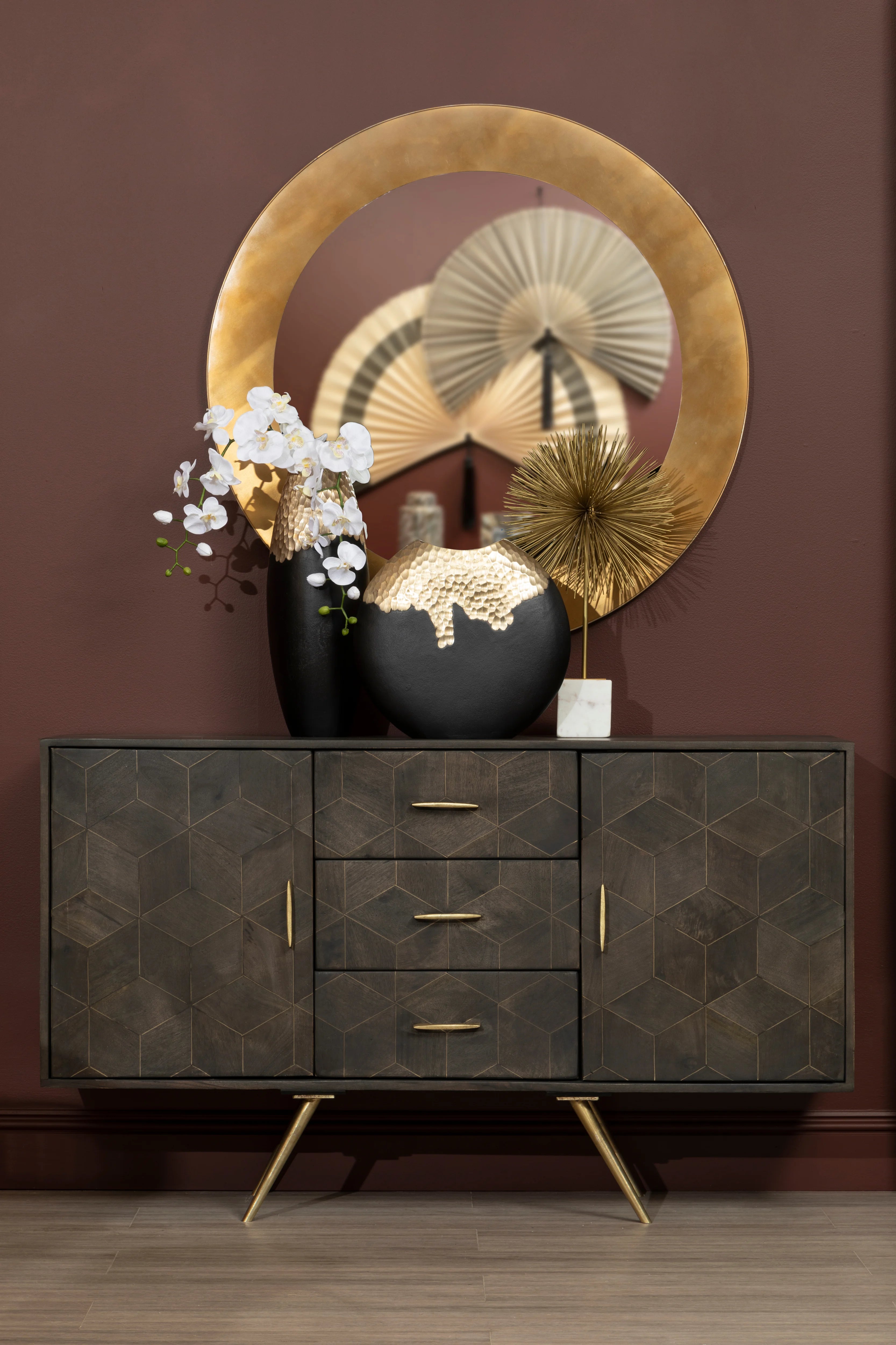 Capella Matte Black & Gold Dimpled Round Vase | Large